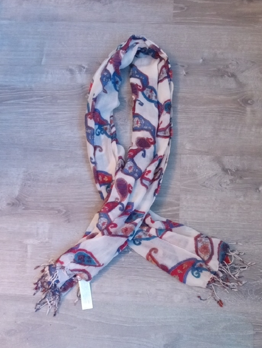 Adolfo Dominguez White Scarf with Red and Blue Paisley Motif